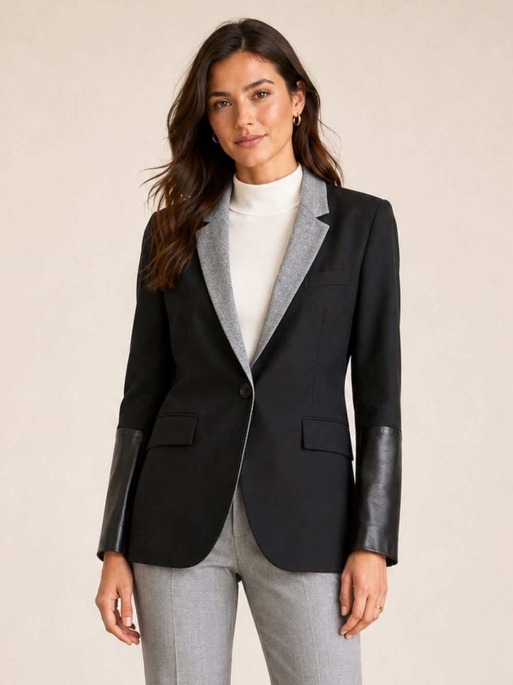 Judith & Charles Wool and Leather Colour Block Blazer Black Grey Size 6
